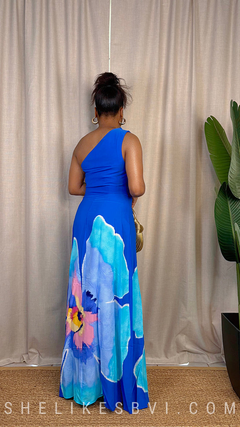 Midnight Blossom Blue One Shoulder Maxi Dress