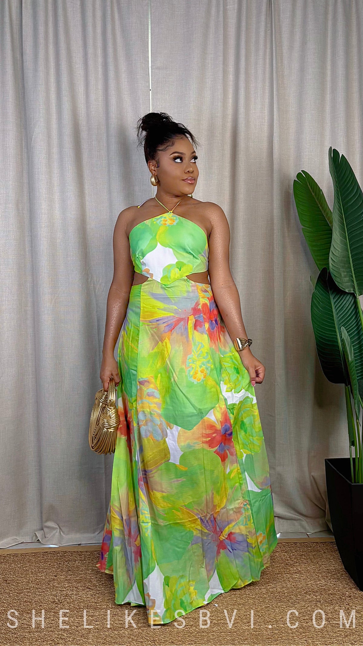 Island Gardens Green Halter Maxi Dress Medium