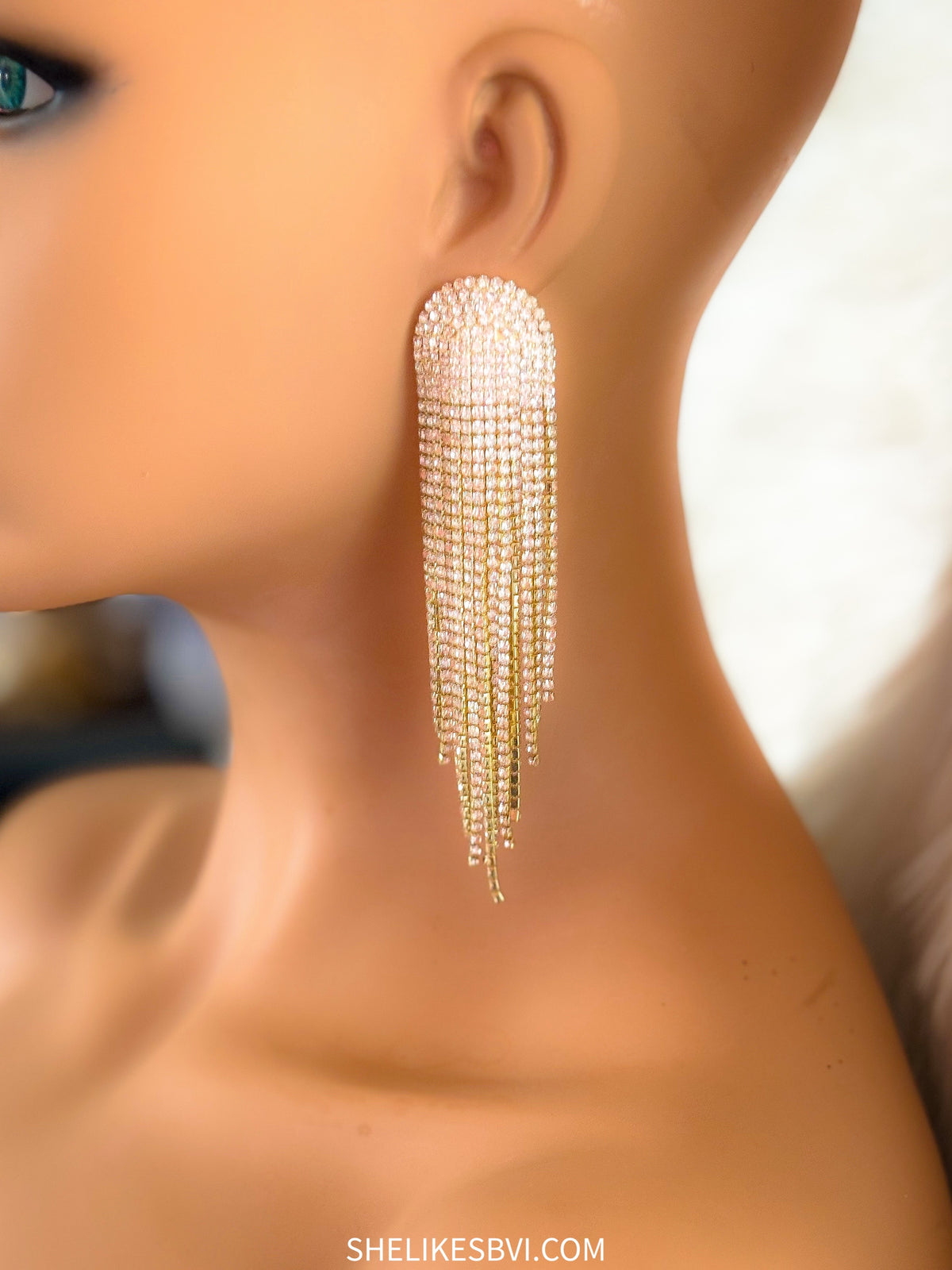 Shimmering Gold Rhinestone Long Statement Earrings