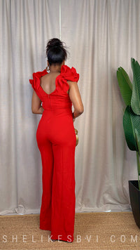 Love Bug Red Ruffle Shoulder Jumpsuit