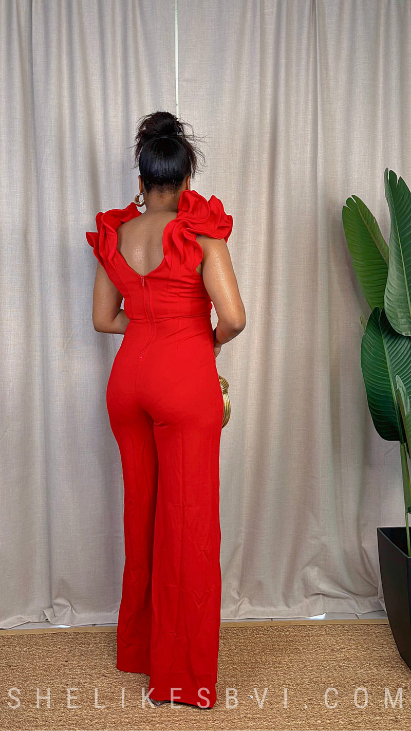Love Bug Red Ruffle Shoulder Jumpsuit