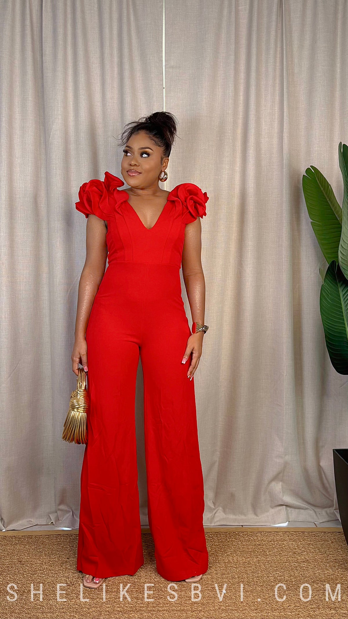 Love Bug Red Ruffle Shoulder Jumpsuit