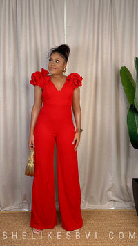 Love Bug Red Ruffle Shoulder Jumpsuit