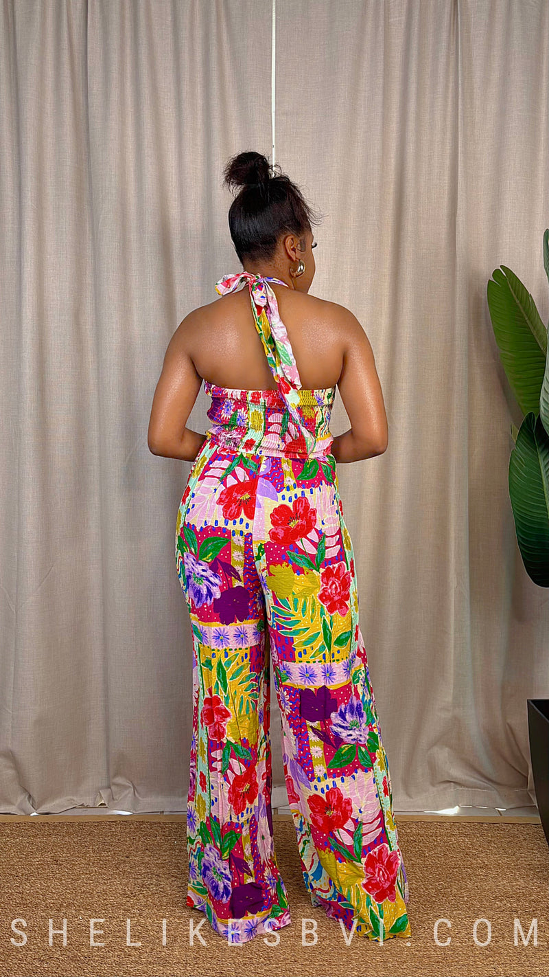 Collage Fuchsia Multicolor Halter Jumpsuit