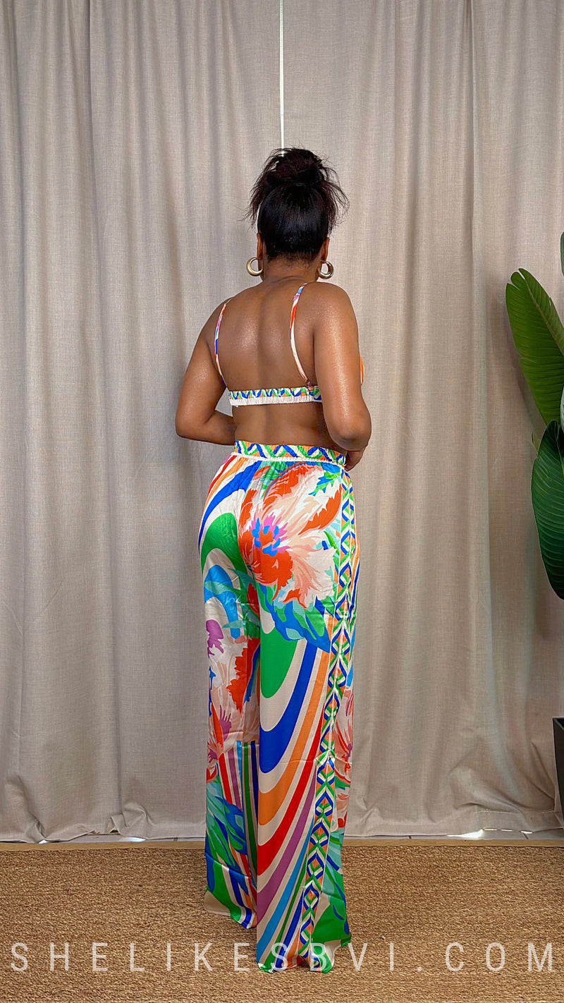 Influential Beauty Red & Blue Multicolor Sateen Pants Set