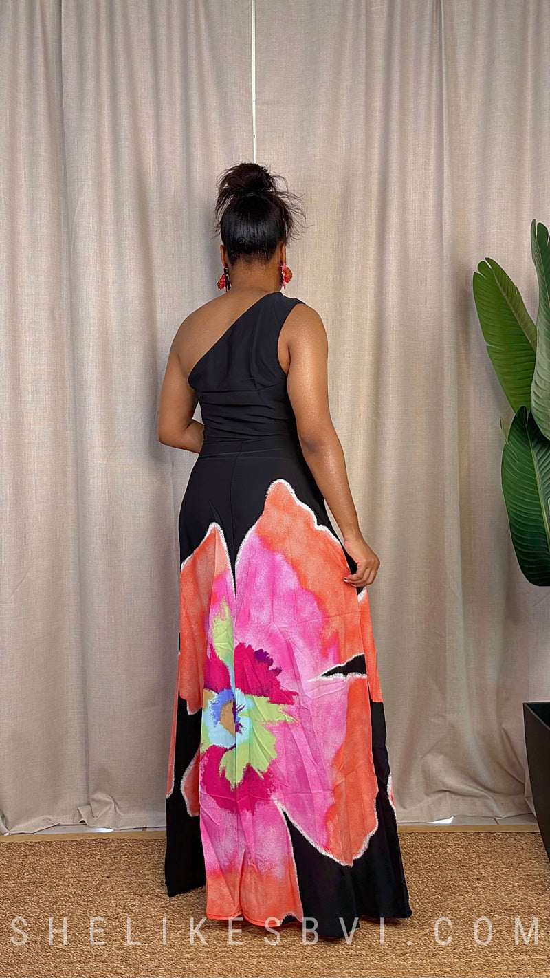 Midnight Blossom Black One Shoulder Maxi Dress