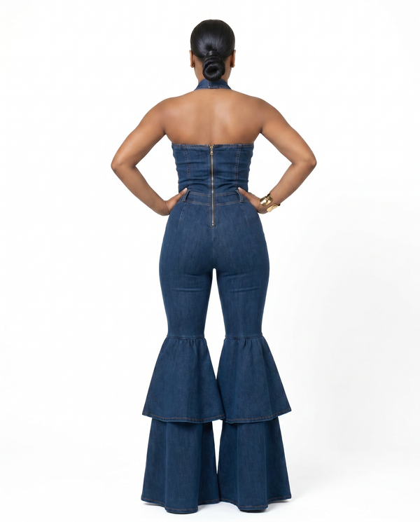 Desire Deep Blue Denim Halter Jumpsuit