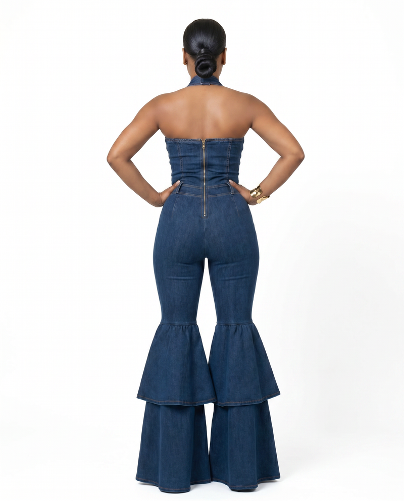 Desire Deep Blue Denim Halter Jumpsuit