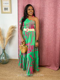 Point of Paradise Green Belted One Shoulder Maxi Dress