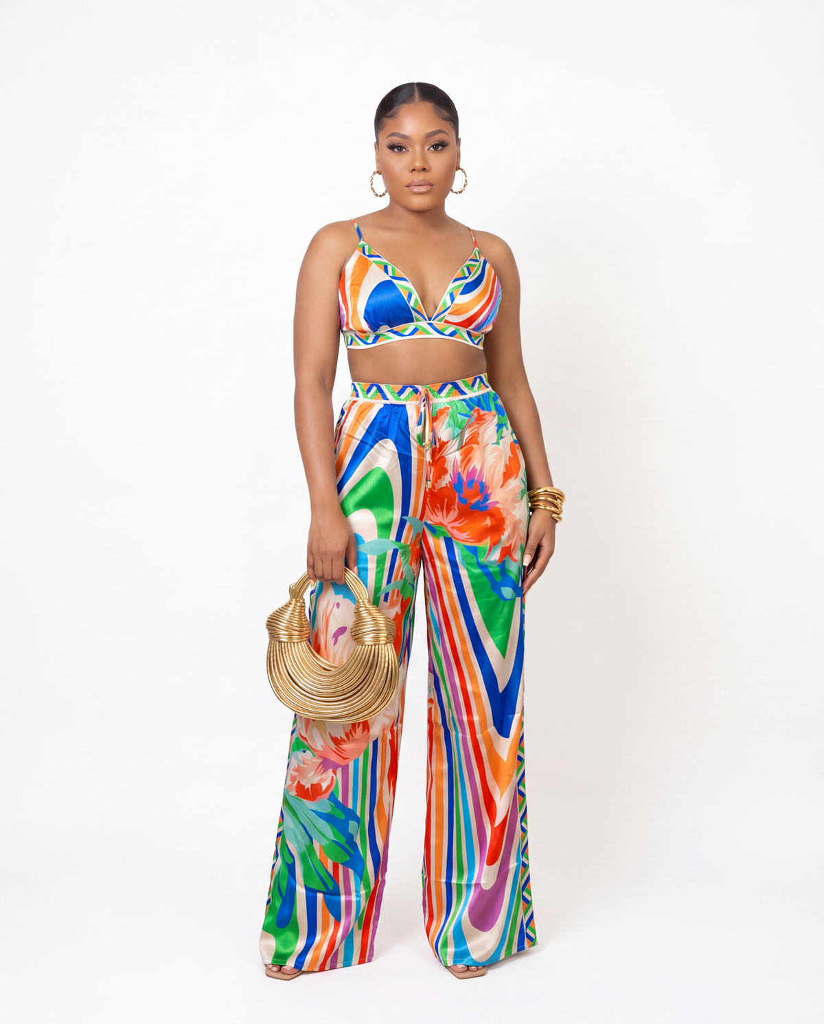 Influential Beauty Red & Blue Multicolor Sateen Pants Set