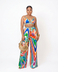 Influential Beauty Red & Blue Multicolor Sateen Pants Set