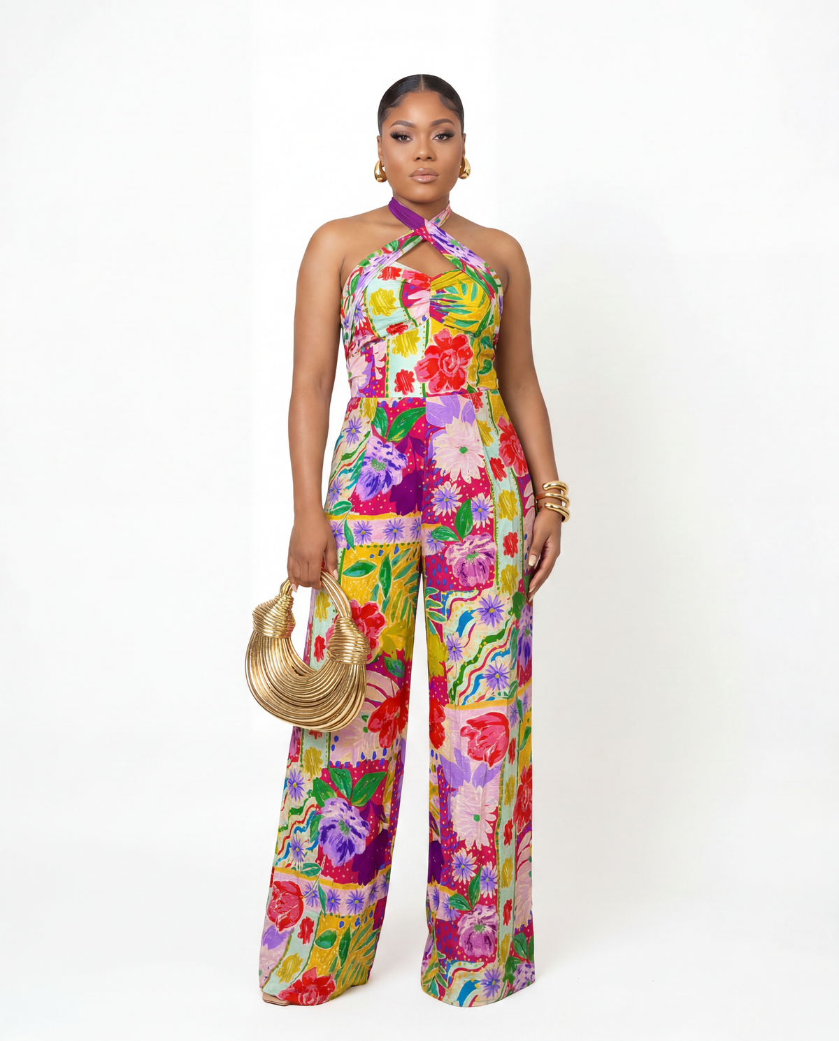 Collage Fuchsia Multicolor Halter Jumpsuit