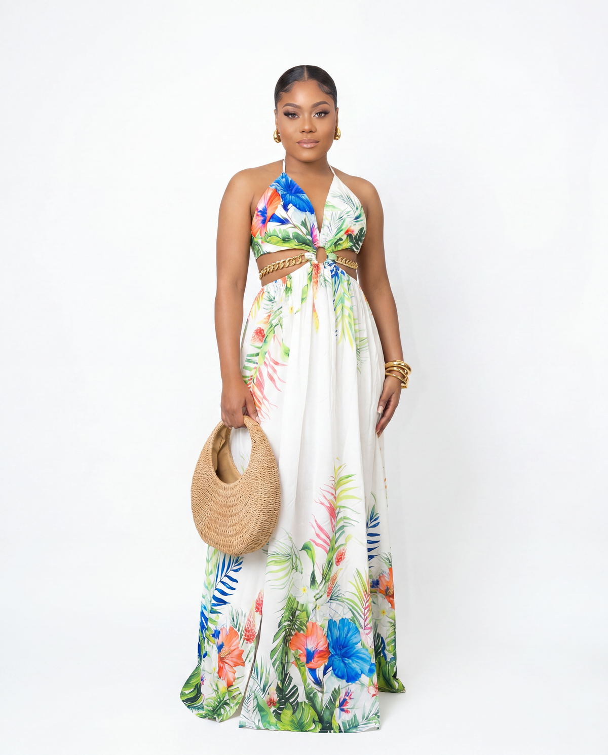 Tropical White Multicolor Maxi Dress