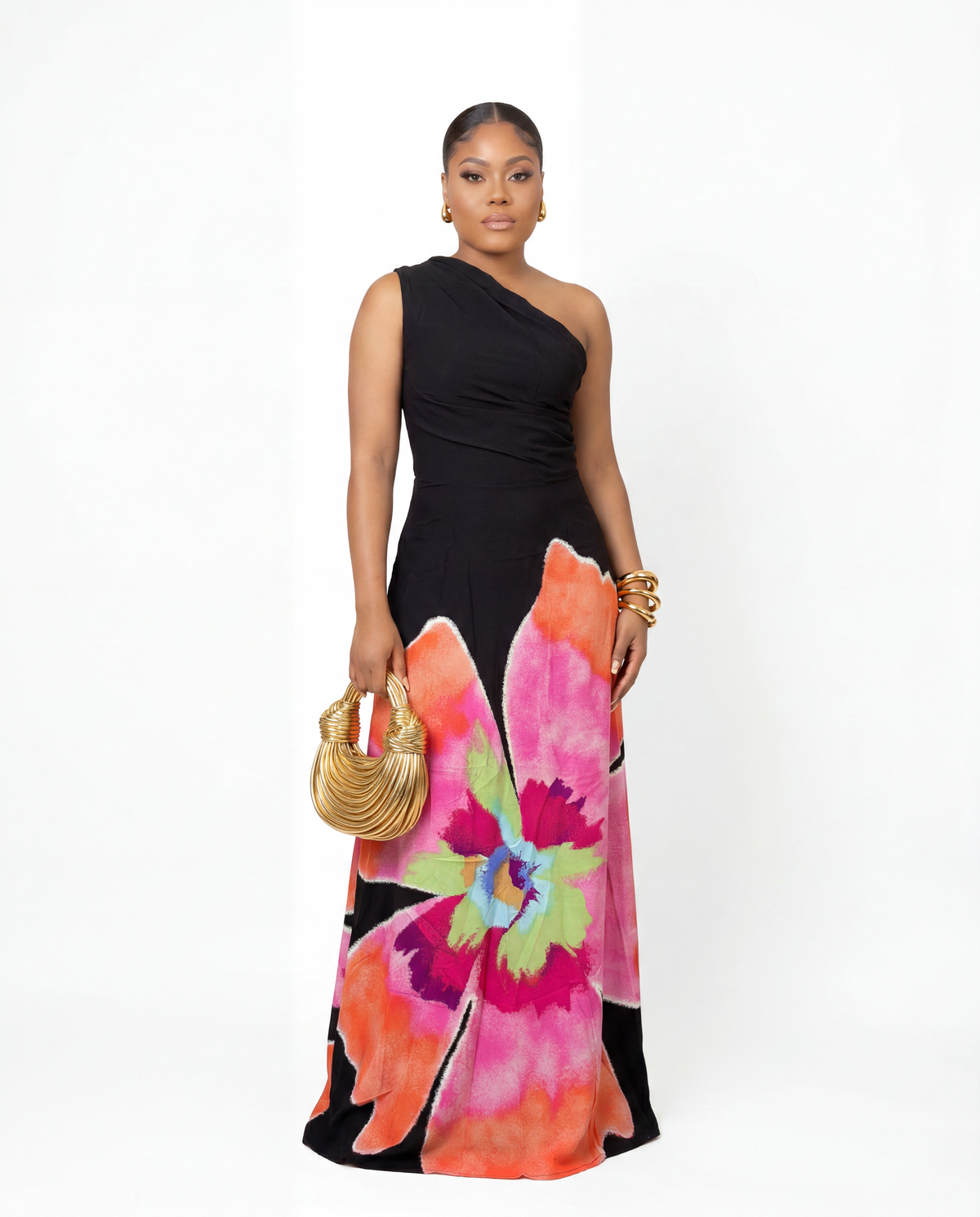 Midnight Blossom Black One Shoulder Maxi Dress