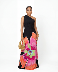 Midnight Blossom Black One Shoulder Maxi Dress