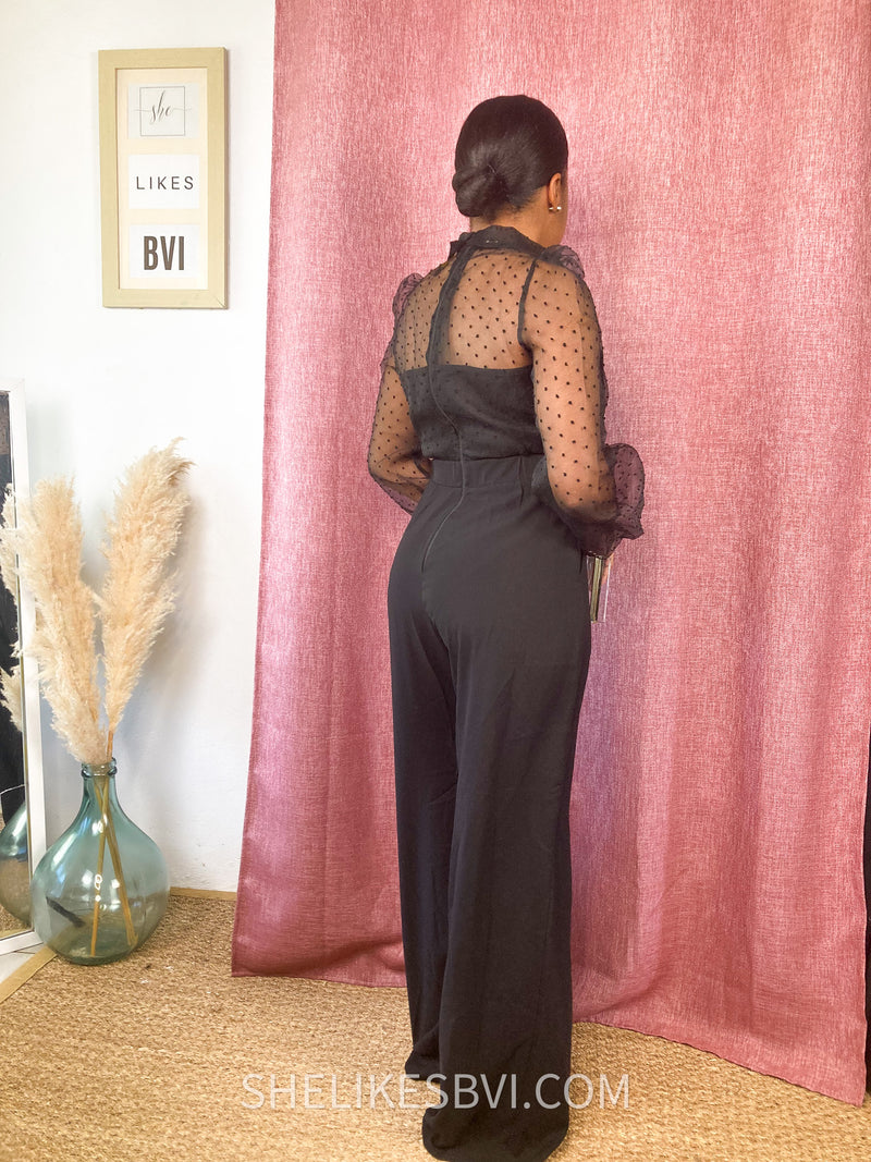 Diva Dotted Sheer Long Sleeve Black Jumpsuit