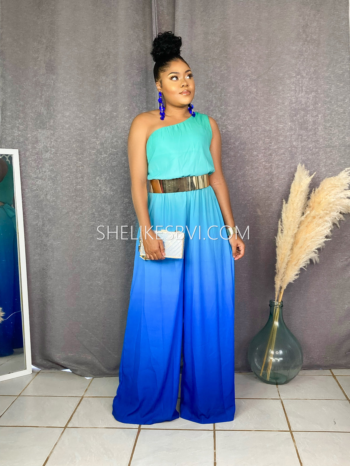 Caribbean Sea Blue Ombre One Shoulder Loose Jumpsuit SheLikesBVI.com Caribbean Sea Blue Ombre One Shoulder Loose Jumpsuit SheLikesBVI.com