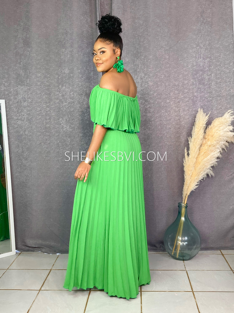 Allure Kelly Green Off Shoulder Pleated Maxi Dress