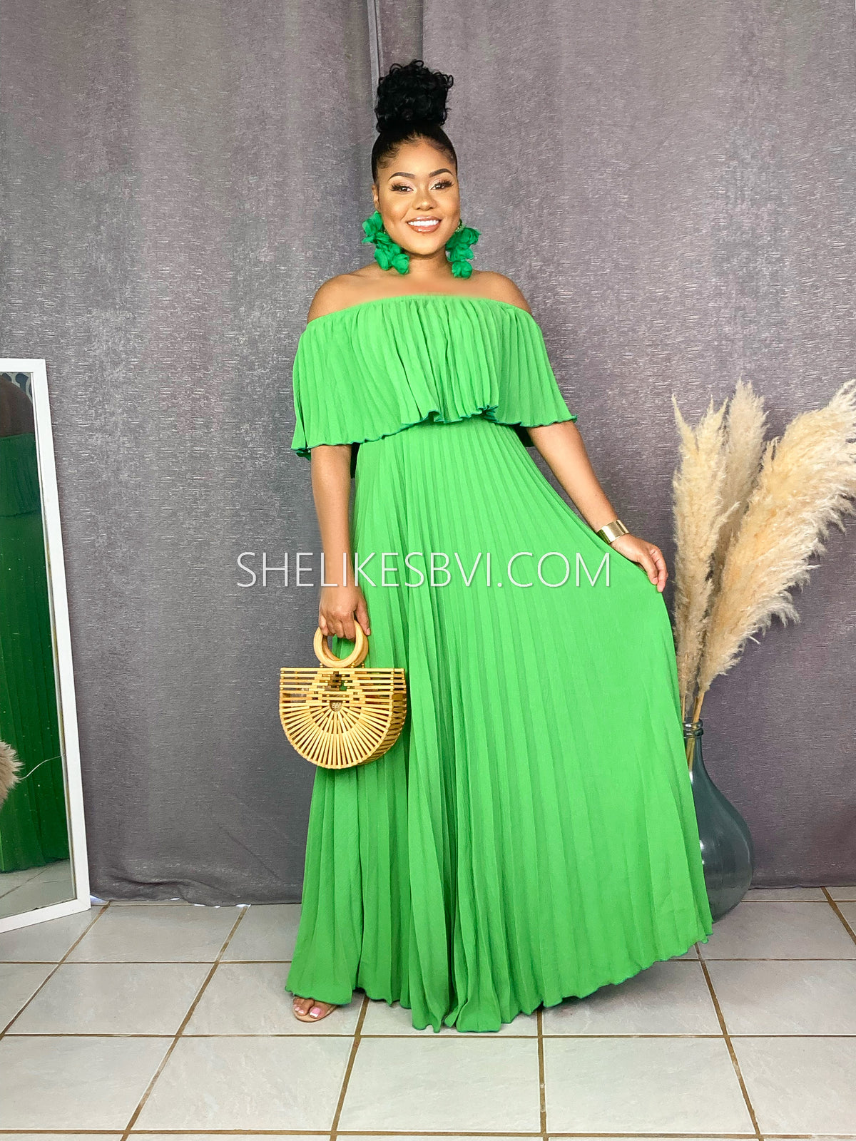 Allure Kelly Green Off Shoulder Pleated Maxi Dress