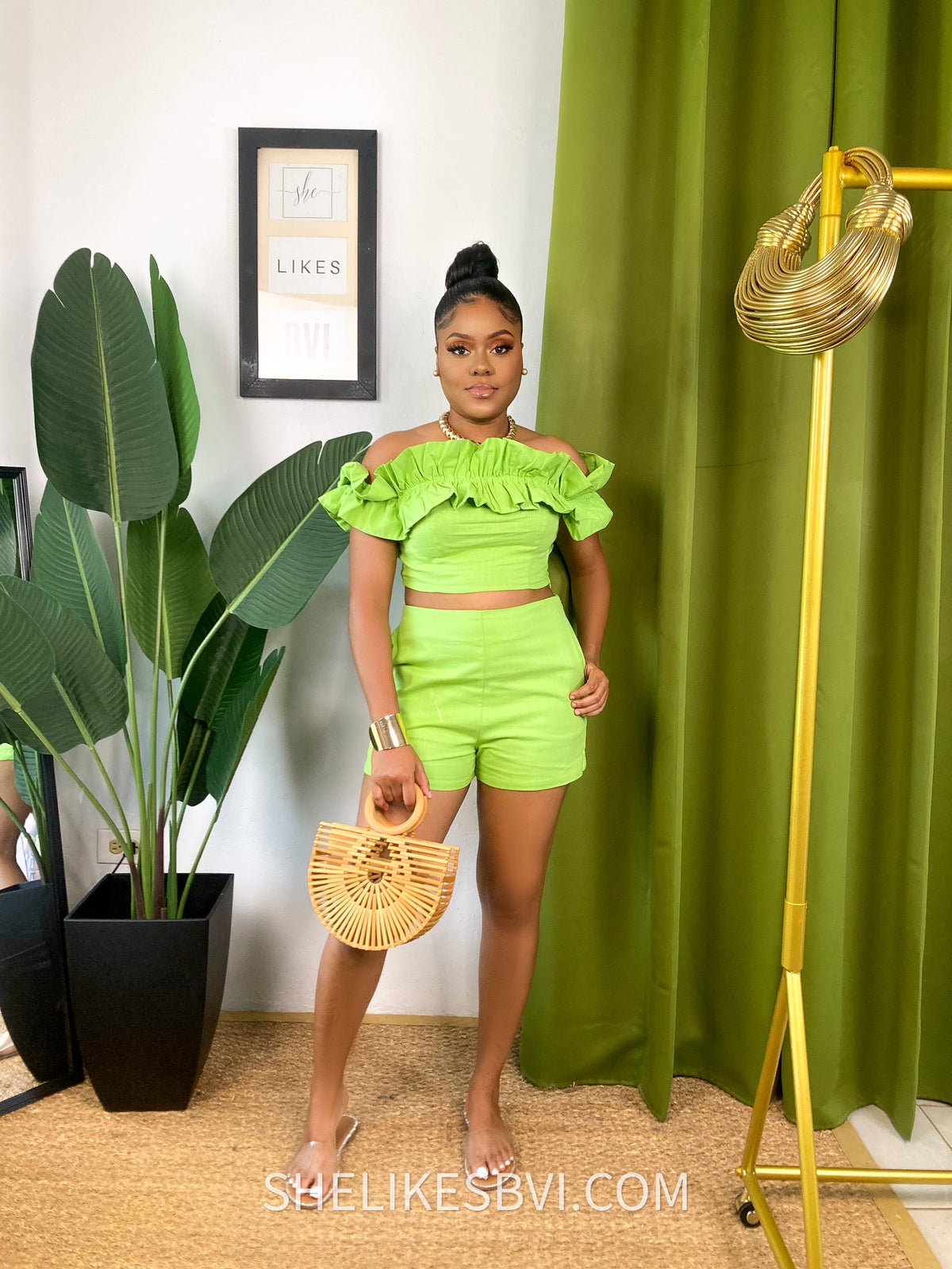 Fancy Me Lime Green Off Shoulder Shorts Set Small Fancy Me Lime Green Off Shoulder Shorts Set Small