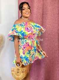 Tropical Lime Green Multicolor Off Shoulder Pleated Romper