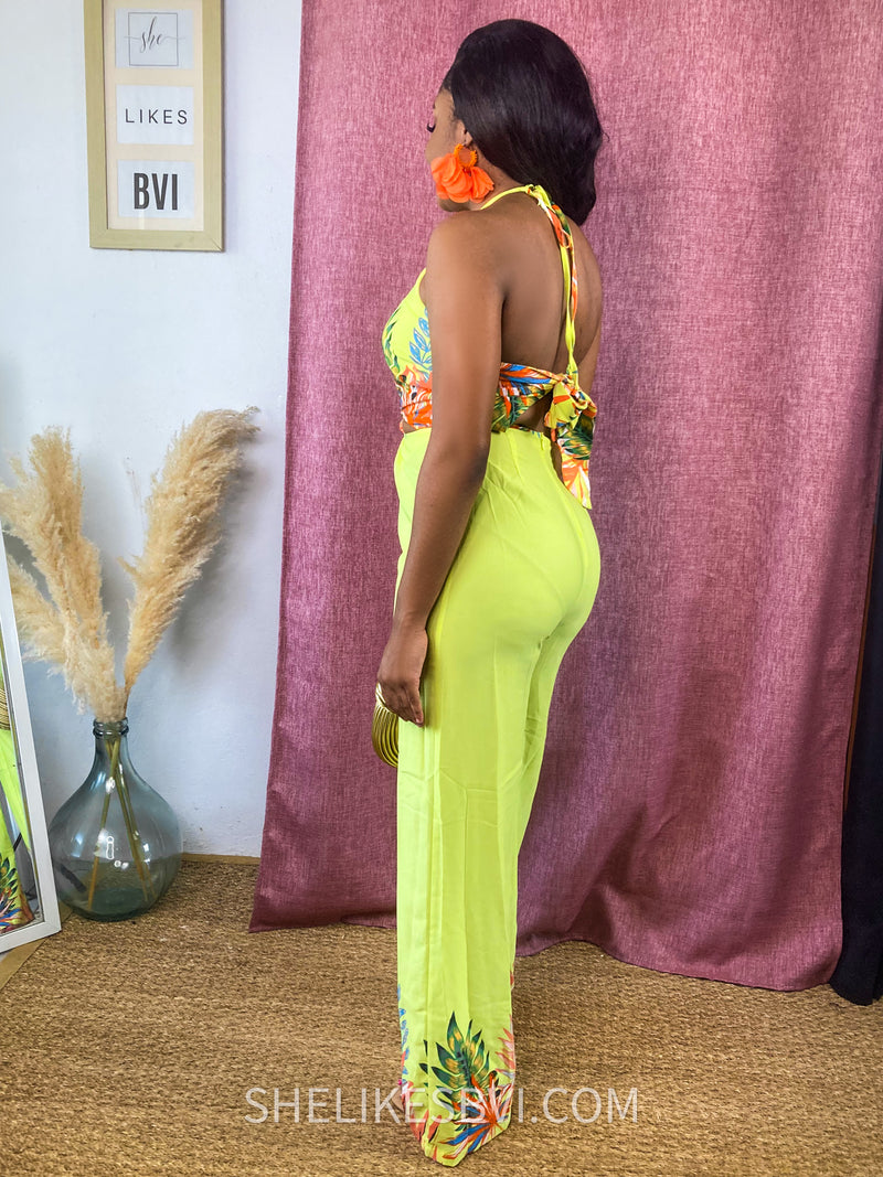 Tamika Tropical Print Lime Green Jumpsuit