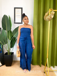 Bae-cay Navy Blue Tier Style Strapless Jumpsuit