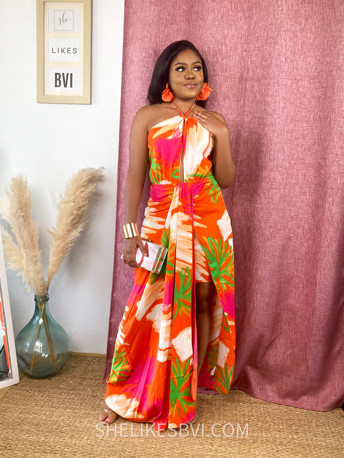 Malibu Barb Orange Tropical Print Maxi Dress