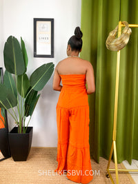 Bae-cay Orange Tier Style Strapless Jumpsuit