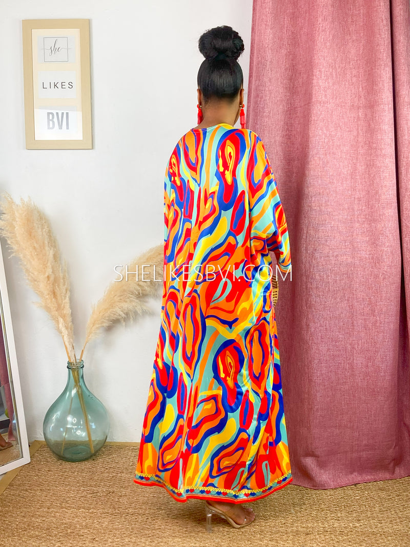 Swirly Orange Multicolor Kimono & Shorts Set