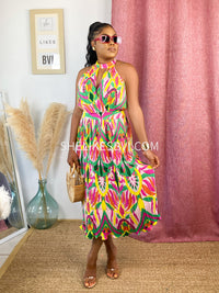 Azzy Pink & Green Multicolor Pleated Midi Dress