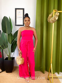 Bae-cay Pink Tier Style Strapless Jumpsuit