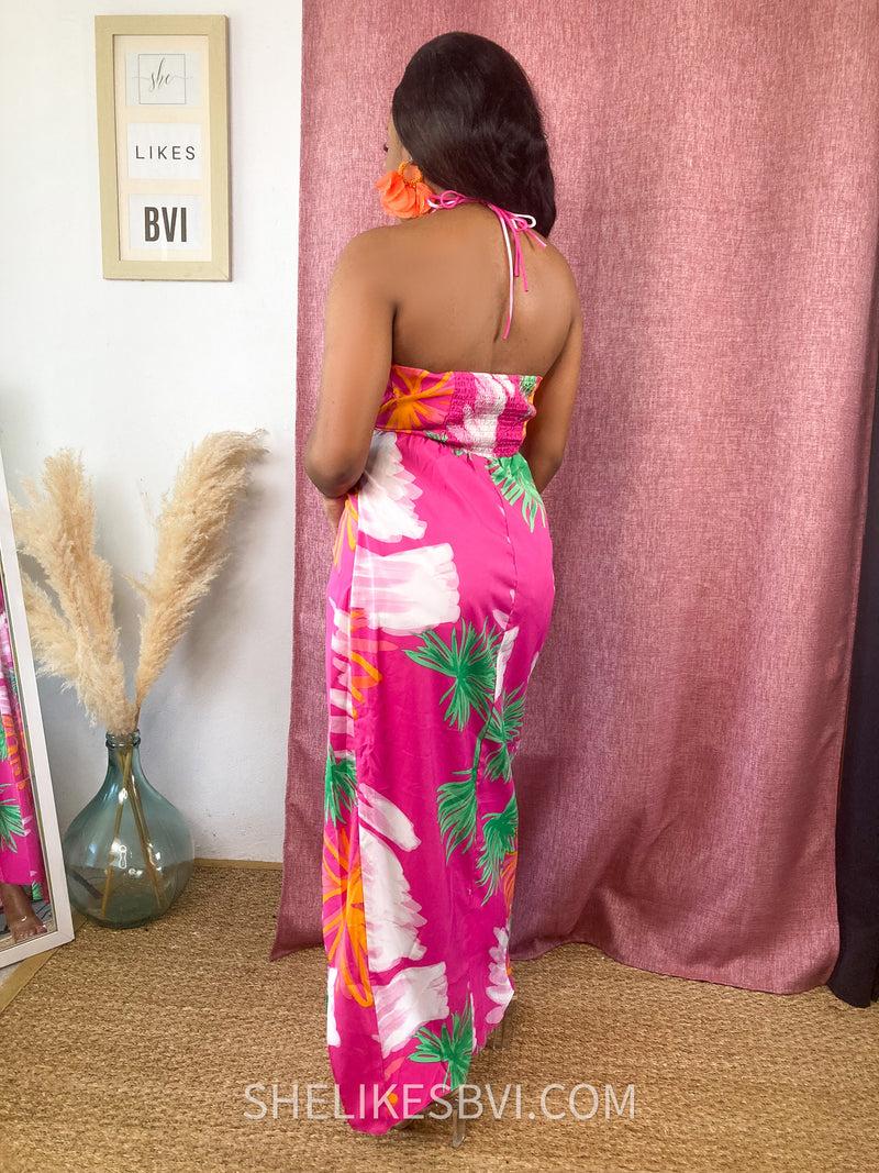 Malibu Barb Fuchsia Tropical Print Maxi Dress
