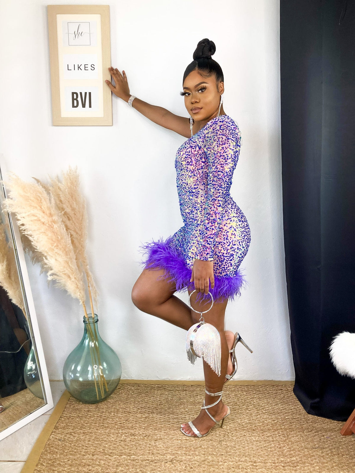 Life Of The Party Purple Feather Trim Sequin Dress – SheLikesBVI.com Life Of The Party Purple Feather Trim Sequin Dress – SheLikesBVI.com