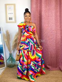 Parading Rainbow  Multicolor One Shoulder Maxi Dress