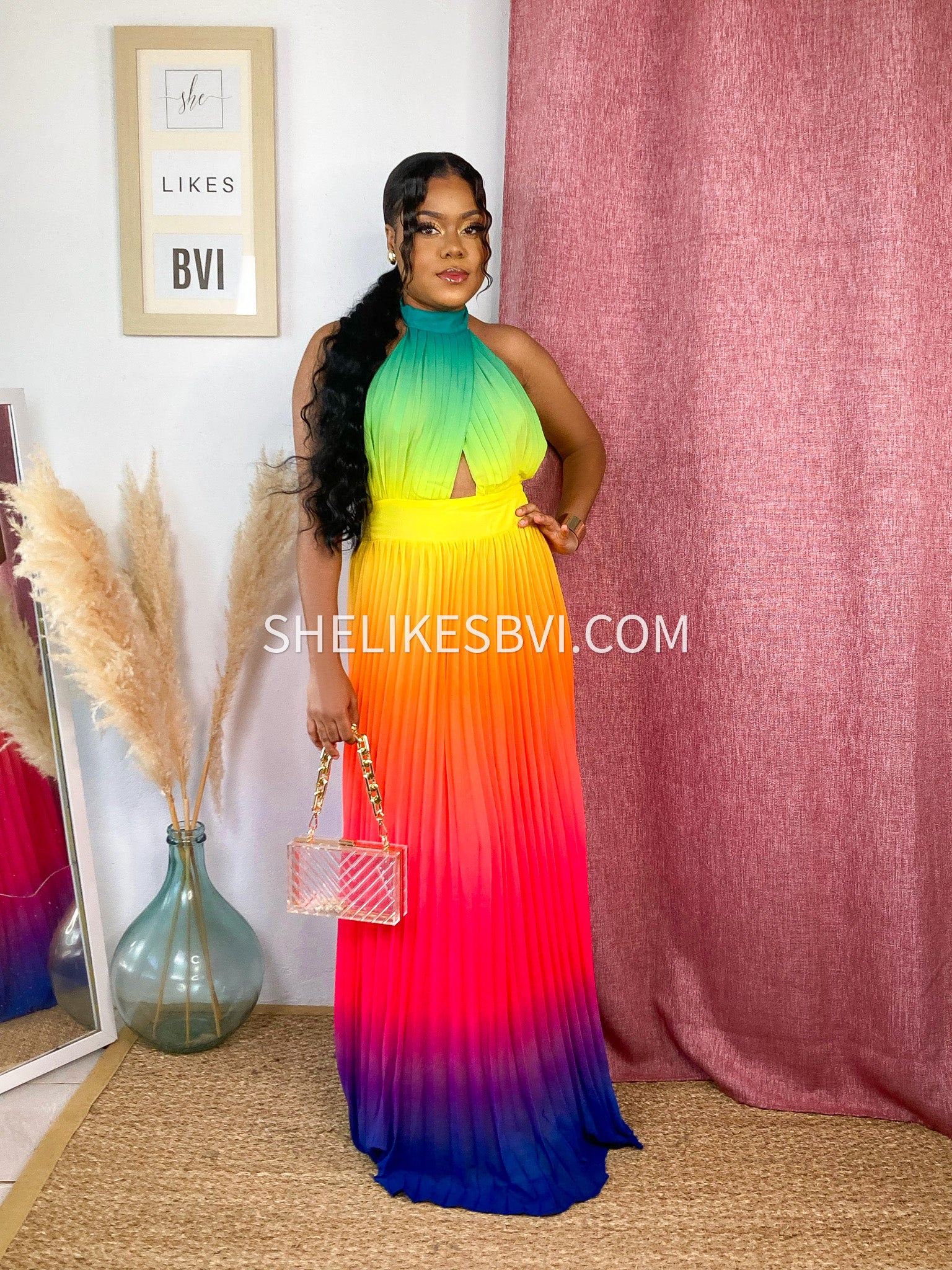 Beautiful Rainbow Ombre Pleated Halter Maxi Dress