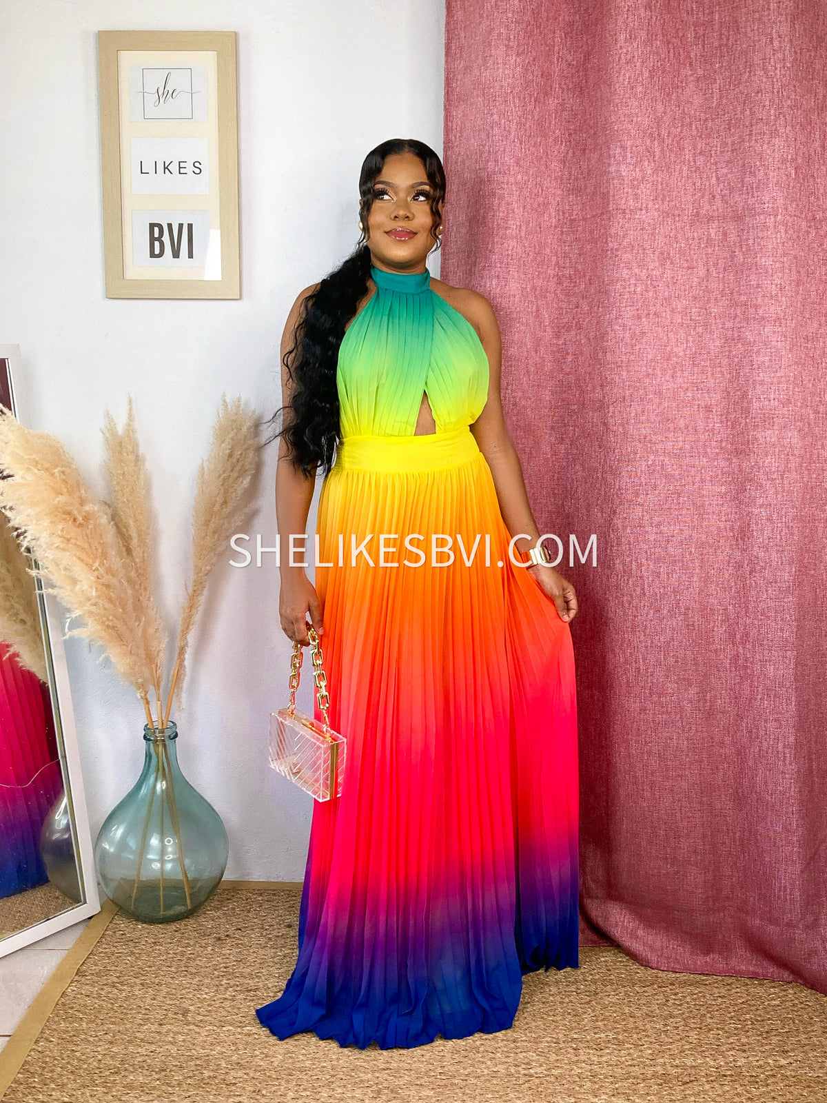 Beautiful Rainbow Ombre Pleated Halter Maxi Dress