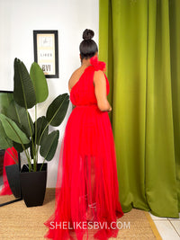 Red Convertible Tulle Evening Dress