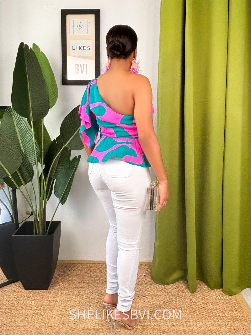 Teal and Pink One Shoulder Top