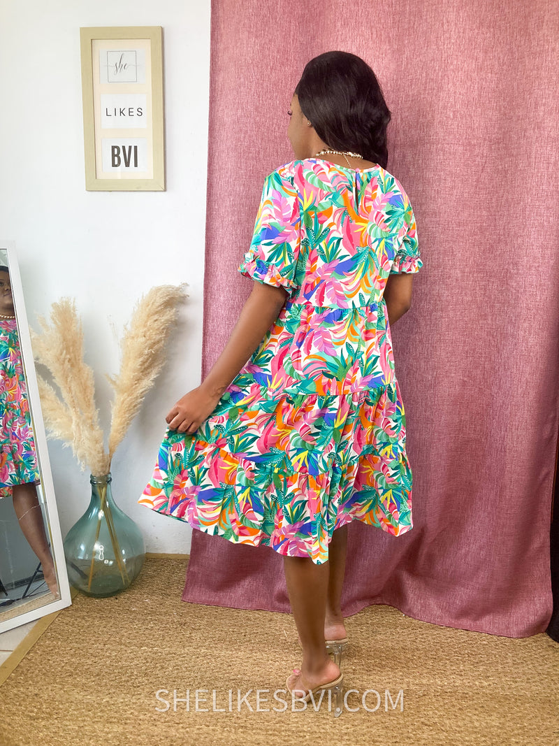 Gina Green Multicolor Tropical Print Dress