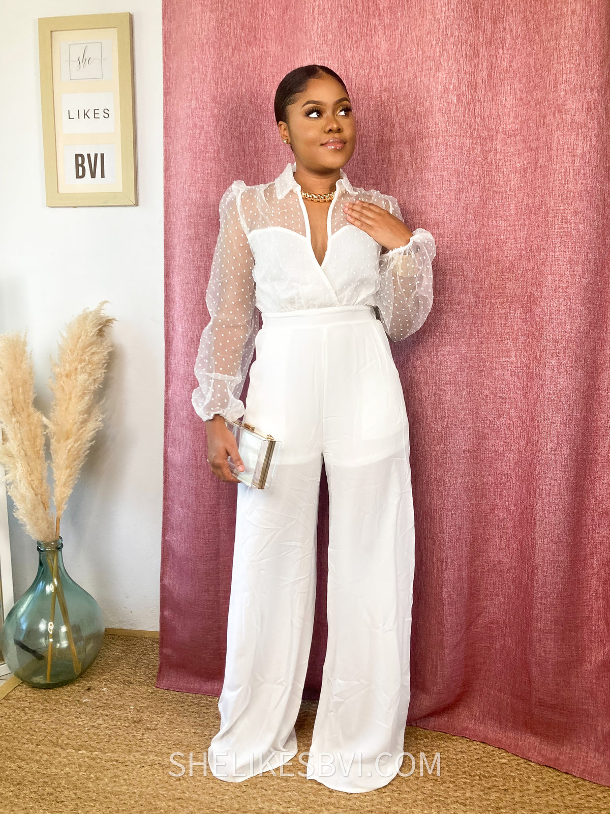 Diva Dotted Sheer Long Sleeve White Jumpsuit