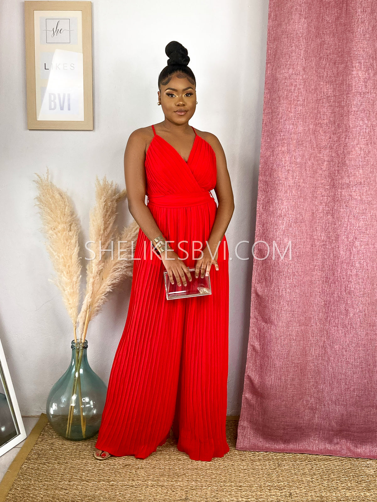 Dominating Red Pleated Wide Leg Jumpsuit