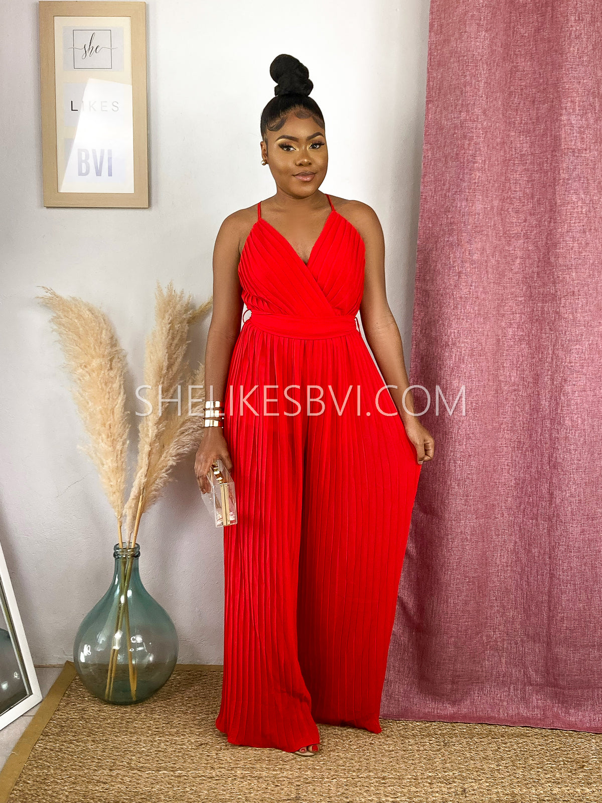 Dominating Red Pleated Wide Leg Jumpsuit