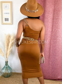 Tan Brown Chain One Shoulder Midi Dress
