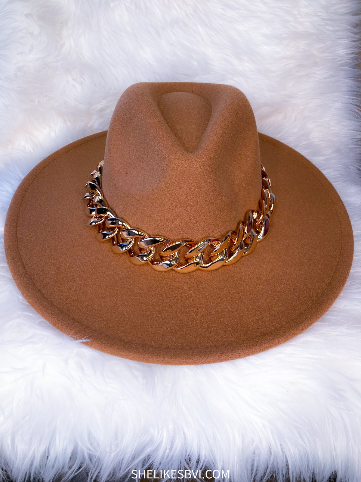 Tan Brown Gold Chain Accent Hat