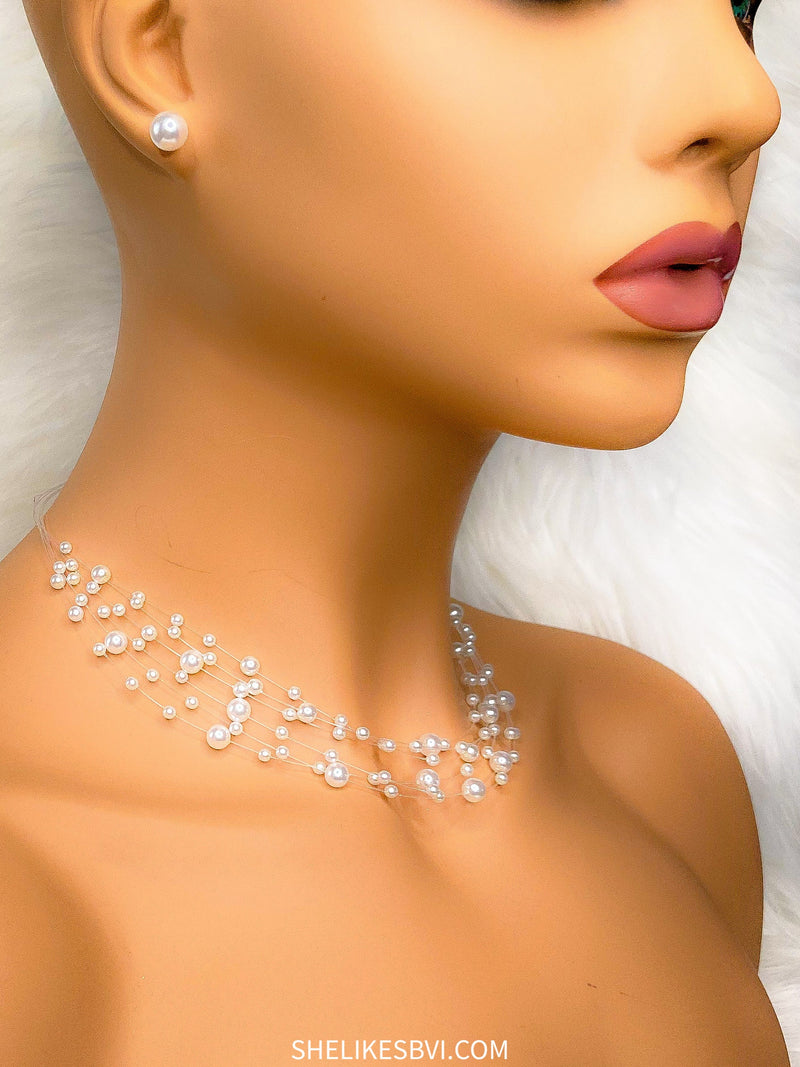 Simple Multi Strand White Pearl Necklace Set
