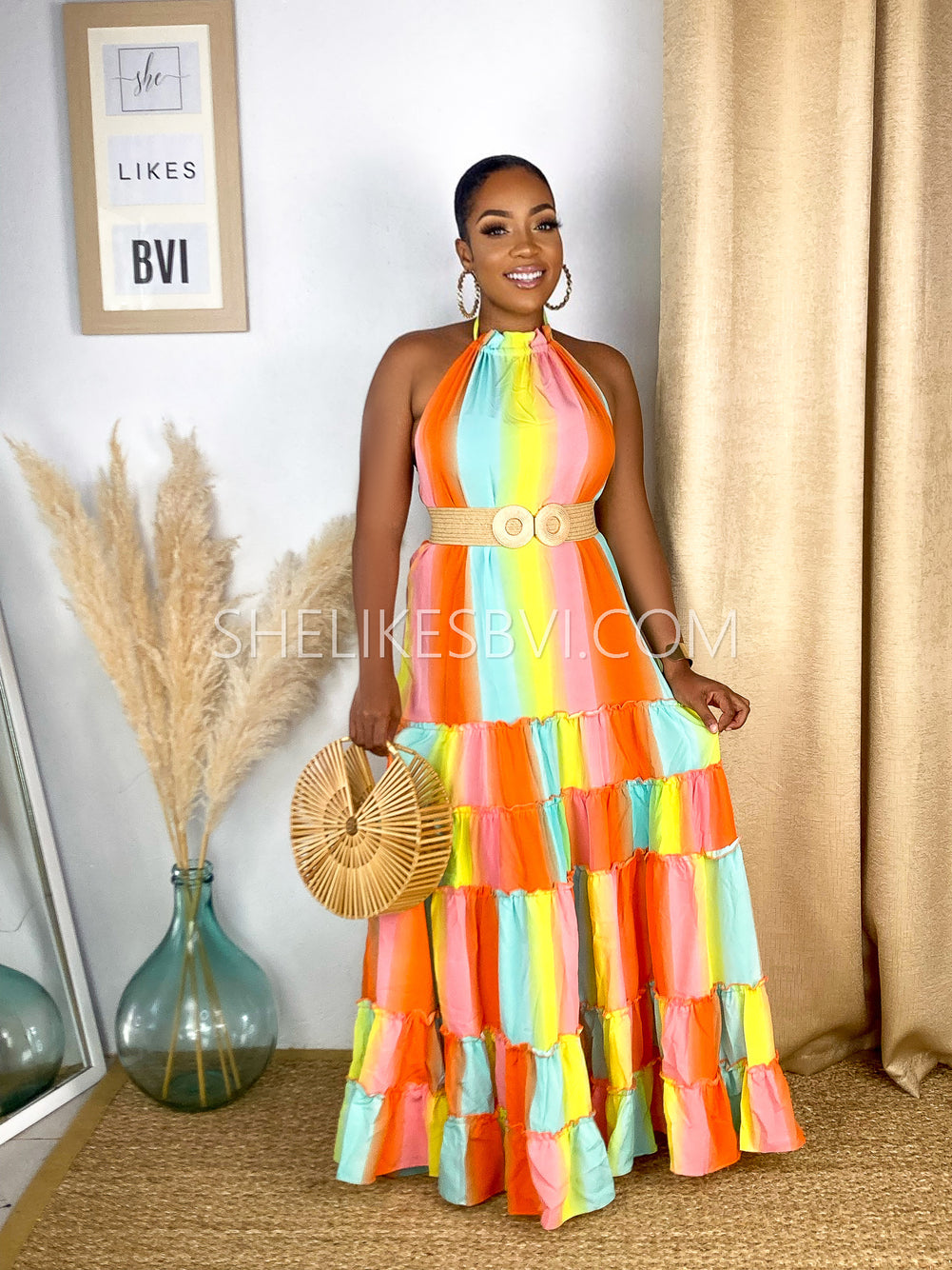 Liming Caribbean Rainbow Orange Multicolor Open Back Maxi Dress Medium Liming Caribbean Rainbow Orange Multicolor Open Back Maxi Dress Medium