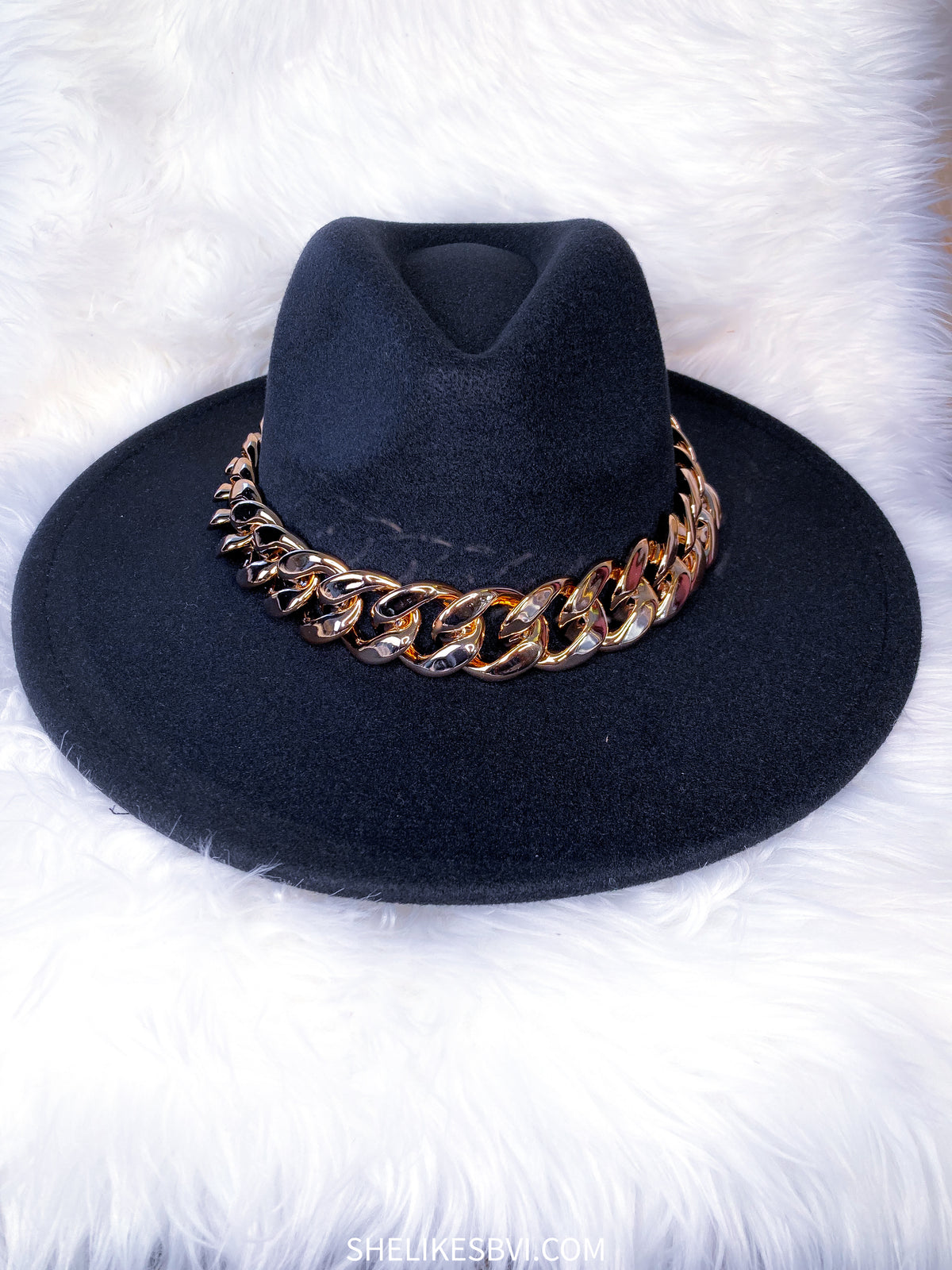 Jet Black Gold Chain Accent Hat