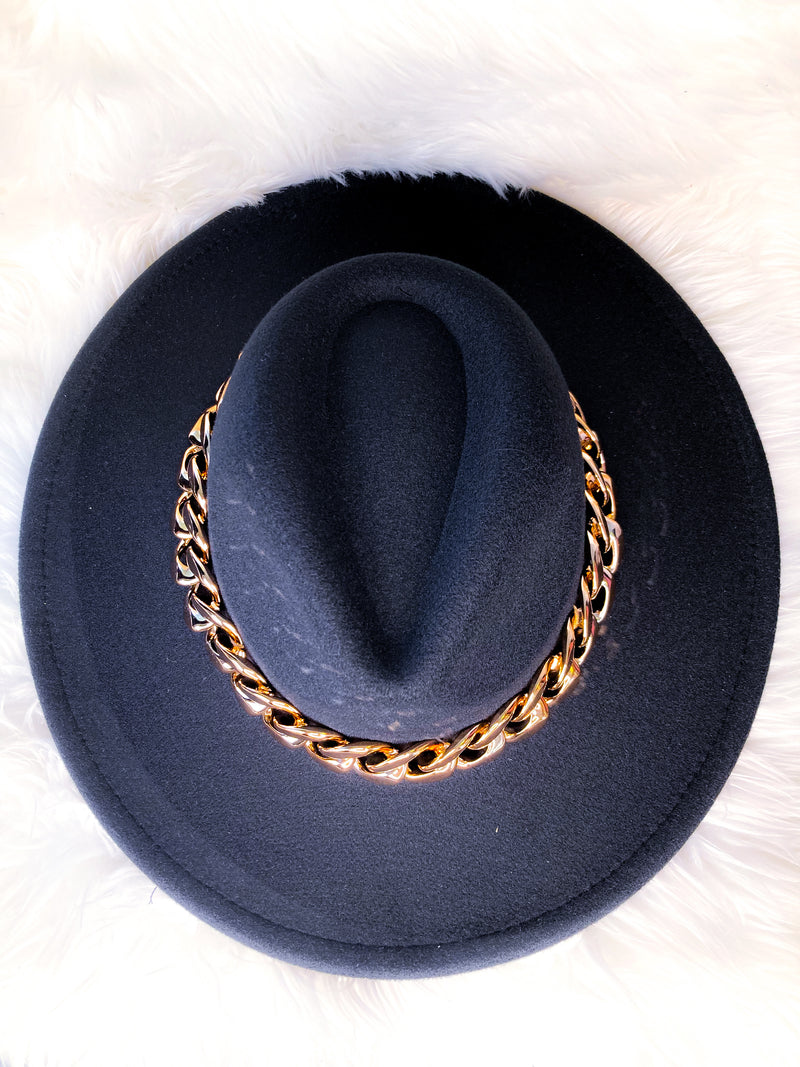 Jet Black Gold Chain Accent Hat
