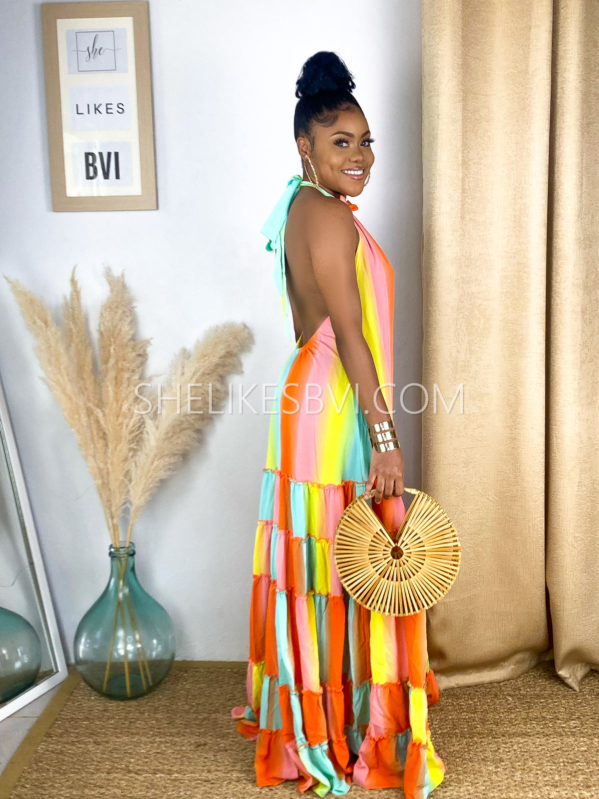 Liming Caribbean Rainbow Orange Multicolor Open Back Maxi Dress – SheLikesBVI.com Liming Caribbean Rainbow Orange Multicolor Open Back Maxi Dress – SheLikesBVI.com